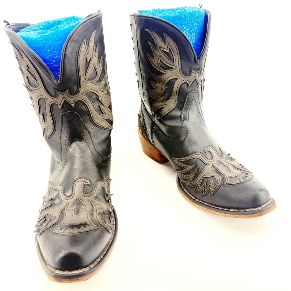 Roper Western Ankle Boots Amelia Eagle Womens 9 Blk Grey Flame Inlay Pointed Toe